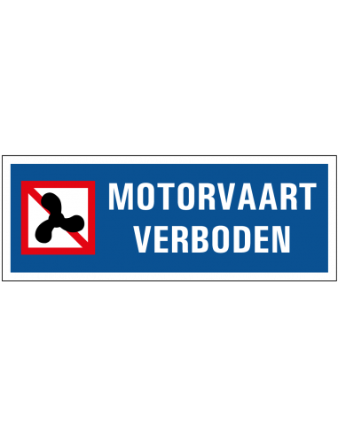 Motorvaart verboden tekststicker, blauw wit, rechthoek, symbool motor met rode streep