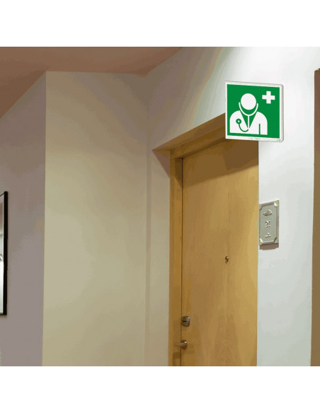 Extra lichtgevend haaks dokter bord, kunststof, E009, ISO 7010, vierkant, dokter symbool