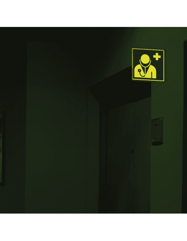 Lichtgevend haaks dokter bord, kunststof, 200 x 200 mm, E009, ISO 7010, vierkant, dokter symbool