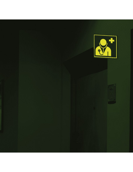 Lichtgevend haaks dokter bord, kunststof, 200 x 200 mm, E009, ISO 7010, vierkant, dokter symbool