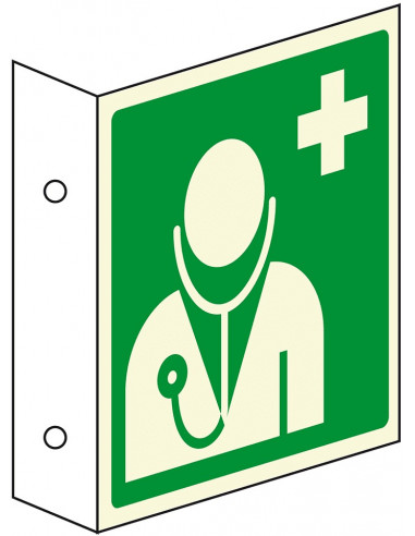 Extra lichtgevend haaks dokter bord, kunststof, E009, ISO 7010, vierkant, dokter symbool