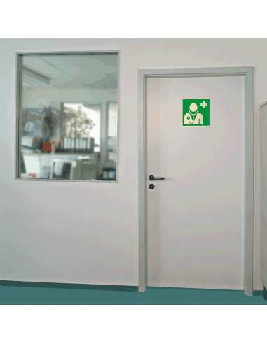Extra lichtgevend dokter bord, kunststof, E009, vierkant, groen wit, ISO 7010