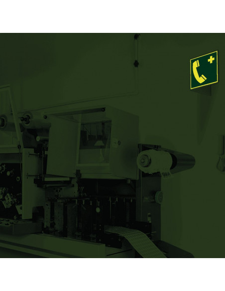 Extra lichtgevend panorama noodtelefoon bord, E004, groen wit, symbool noodtelefoon, vierkant, ISO 7010