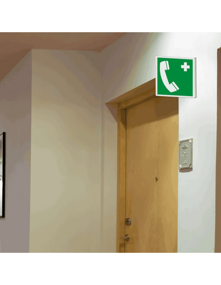 Extra lichtgevend haaks noodtelefoon bord, E004, groen wit, symbool noodtelefoon, vierkant, ISO 7010