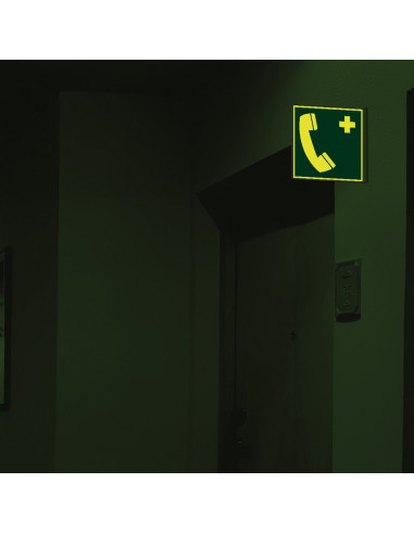 Extra lichtgevend haaks noodtelefoon bord, E004, groen wit, symbool noodtelefoon, vierkant, ISO 7010