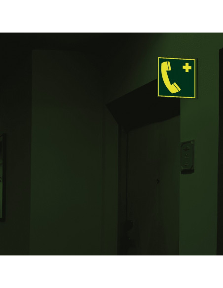 Extra lichtgevend haaks noodtelefoon bord, E004, groen wit, symbool noodtelefoon, vierkant, ISO 7010