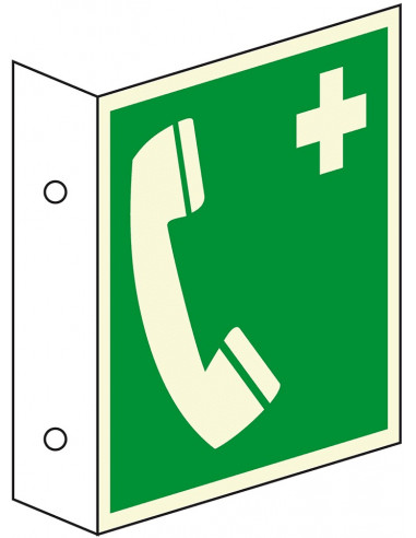 Extra lichtgevend haaks noodtelefoon bord, E004, groen wit, symbool noodtelefoon, vierkant, ISO 7010