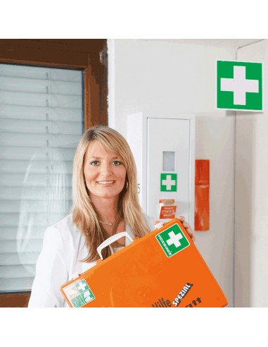 Extra lichtgevend haaks EHBO bord, kunststof, E003, groen wit, symbool EHBO, wit kruis, vierkant, ISO 7010