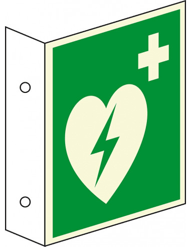 Extra lichtgevend haaks AED bord, kunststof, E010, groen wit, symbool AED