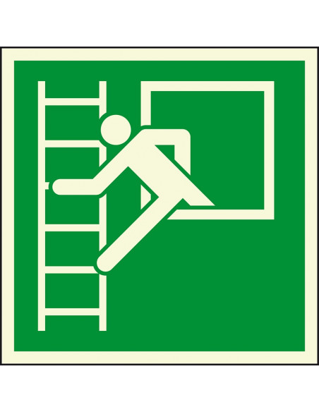 Extra lichtgevend noodraam met vluchtladder bord, groen wit, vierkant, symbool persoon met vluchtladder
