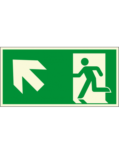Lichtgevende nooduitgang sticker pijl linksboven, ISO 7010, E001, groen wit, symbool pijl linksboven, rechthoekig