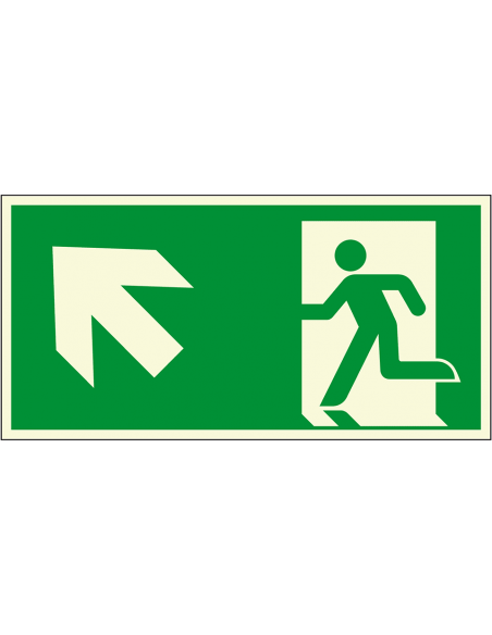 Lichtgevende nooduitgang sticker pijl linksboven, ISO 7010, E001, groen wit, symbool pijl linksboven, rechthoekig