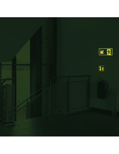 Extra lichtgevend nooduitgang bord pijl linksonder - kunststof, groen wit, rechthoekig