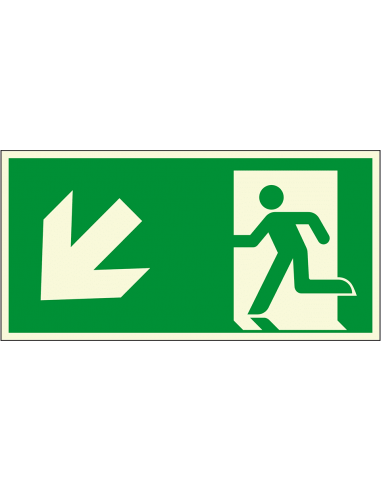 Extra lichtgevend nooduitgang bord pijl linksonder - kunststof, groen wit, rechthoekig