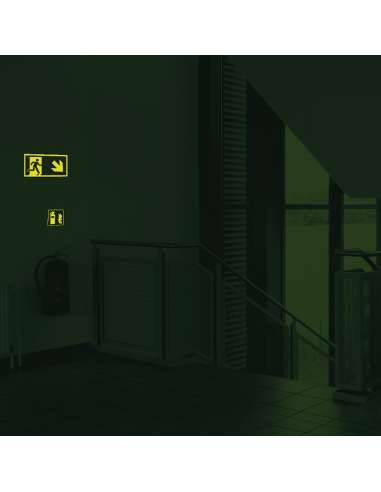 Extra lichtgevende nooduitgang sticker pijl rechtsonder - E002, groen wit, pijl rechtsonder, rechthoekig