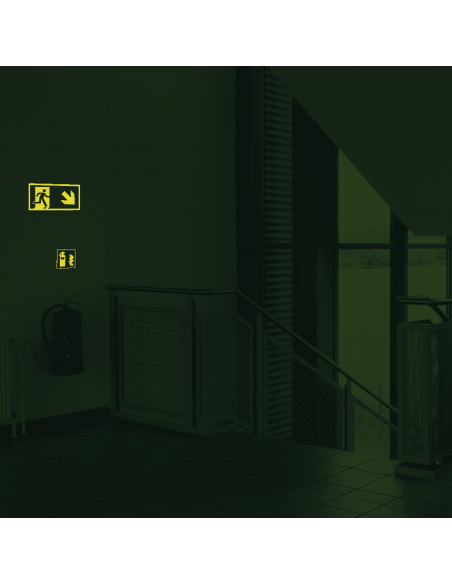 Extra lichtgevende nooduitgang sticker pijl rechtsonder - E002, groen wit, pijl rechtsonder, rechthoekig