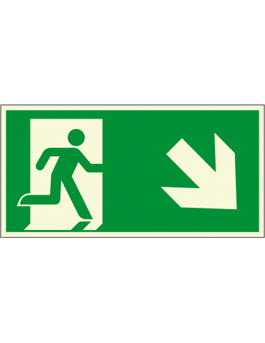 Extra lichtgevende nooduitgang sticker pijl rechtsonder - E002, groen wit, pijl rechtsonder, rechthoekig