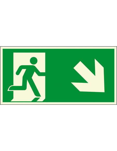 Extra lichtgevende nooduitgang sticker pijl rechtsonder - E002, groen wit, pijl rechtsonder, rechthoekig