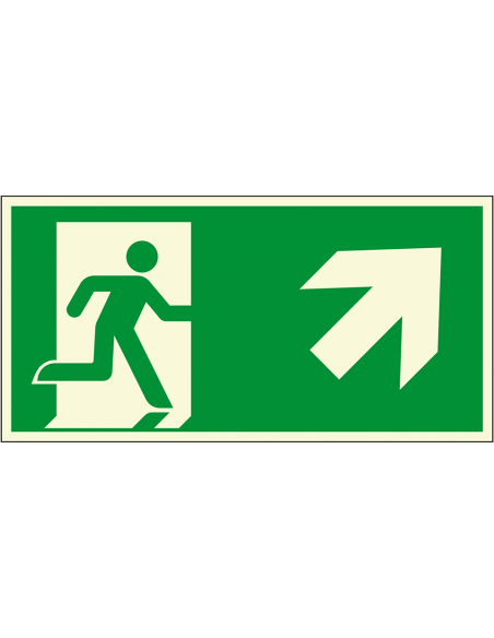 Extra lichtgevend nooduitgang bord pijl rechtsboven, kunststof, E002, groen wit, rechthoekig, ISO 7010