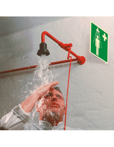 Extra lichtgevend haaks nooddouche bord, kunststof, E012, groen wit, vierkant