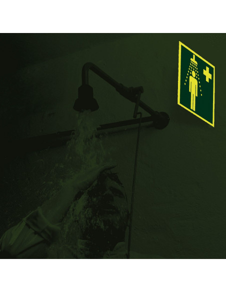 Extra lichtgevend haaks nooddouche bord, kunststof, E012, groen wit, vierkant