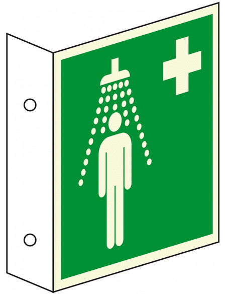 Extra lichtgevend haaks nooddouche bord, kunststof, E012, groen wit, vierkant
