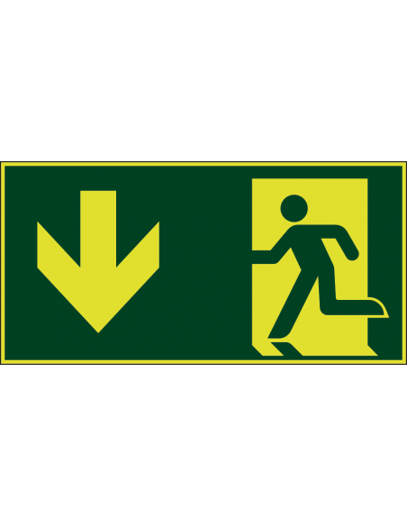 Extra lichtgevend nooduitgang bord pijl beneden, groen wit, rechthoekig, symbool nooduitgang met pijl