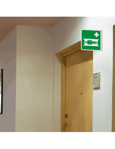 Extra lichtgevend haaks brancard bord, kunststof, E013, groen wit, vierkant