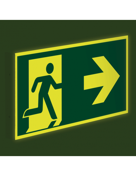 Extra lichtgevend haaks nooduitgang bord - dubbelzijdig - kunststof, groen wit, rechthoekig, ISO 7010