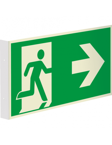 Extra lichtgevend haaks nooduitgang bord - dubbelzijdig - kunststof, groen wit, rechthoekig, ISO 7010