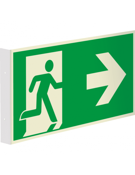 Extra lichtgevend haaks nooduitgang bord - dubbelzijdig - kunststof, groen wit, rechthoekig, ISO 7010