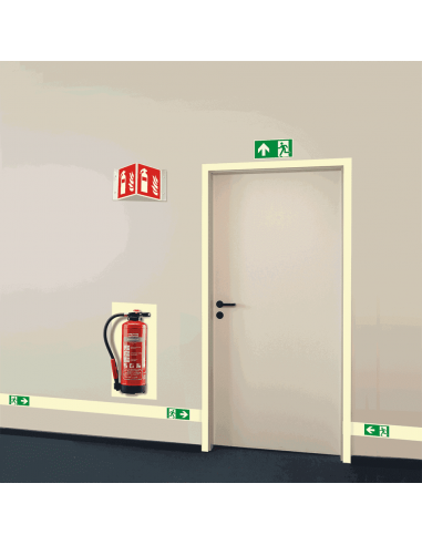 Extra lichtgevend panorama brandblusser bord, kunststof, F001, rood wit, rechthoek