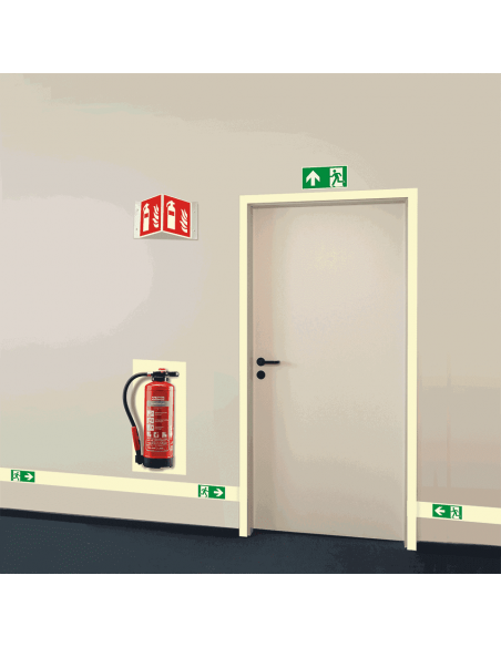 Extra lichtgevend panorama brandblusser bord, kunststof, F001, rood wit, rechthoek