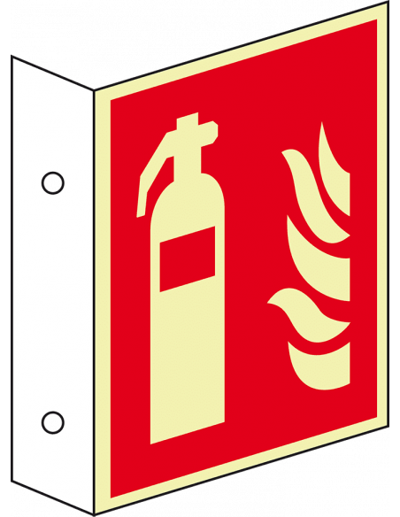 Extra lichtgevend haaks brandblusser bord, kunststof, F001, rood wit, vierkant