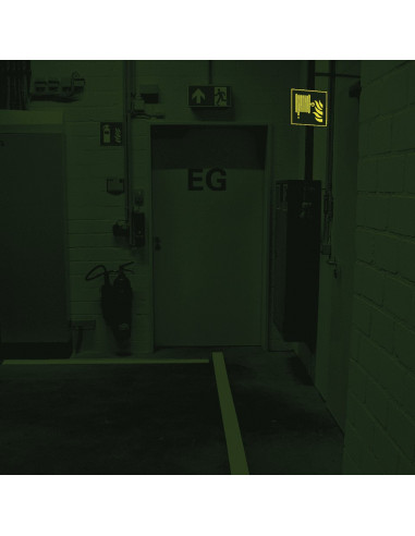 Extra lichtgevend haaks brandslang bord, kunststof, F002, rood wit, vierkant, symbool brandslanghaspel