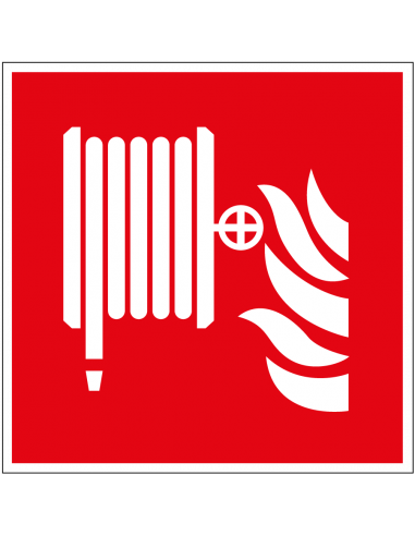 Brandslang sticker, ISO 7010, F002, rood wit, symbool brandslanghaspel, vierkant