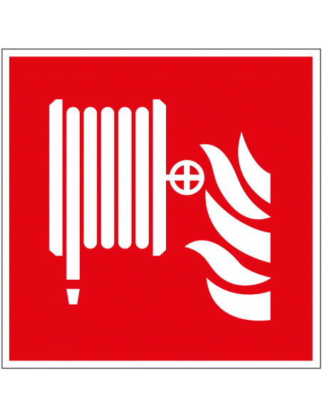Brandslang sticker, ISO 7010, F002, rood wit, symbool brandslanghaspel, vierkant
