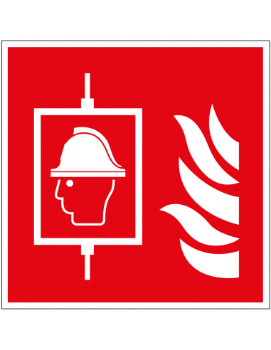 Brandweerlieden lift sticker, ISO 7010, F017, met lift en branweerman symbool, rood wit, vierkant