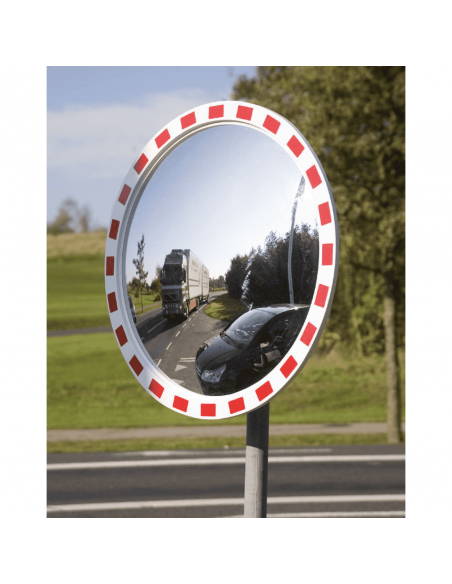 Verkeersspiegel rond, rood wit, reflecterend