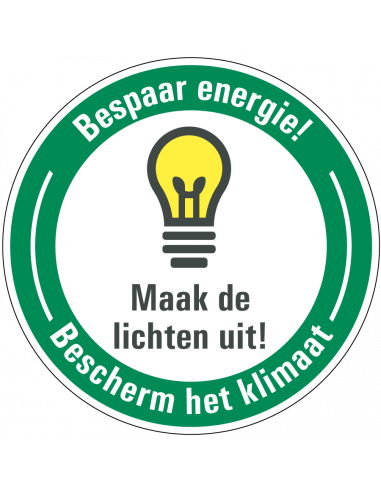 Energie besparen sticker maak lichten uit, rond, Nederlandse tekst met lamp pictogram