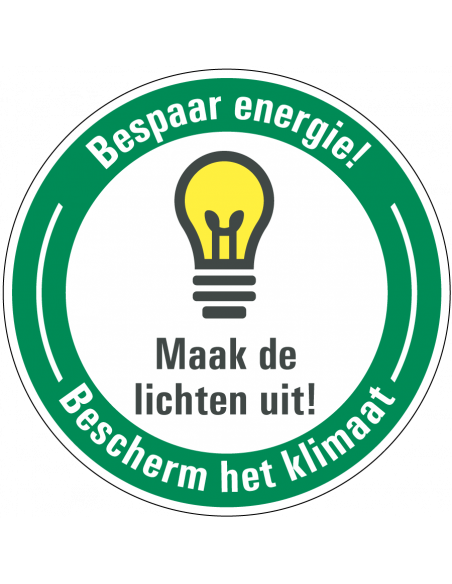 Energie besparen bord maak lichten uit, rond, Nederlandse tekst met lamp pictogram