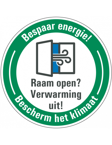 Energie besparen sticker verwarming uit, rond, Nederlandse tekst met openstaand raam met tocht pictogram