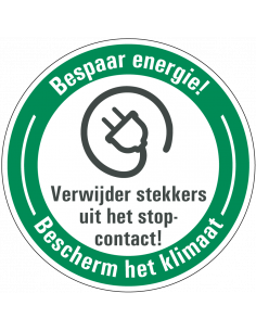 Energie besparen bord verwijder stekkers, rond, Nederlandse tekst met stekker pictogram
