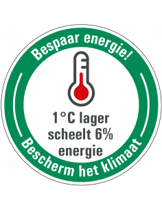 Energie besparen bord verlaag temperatuur, rond, Nederlandse tekst met thermometer pictogram