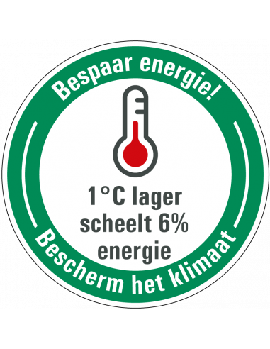 Energie besparen bord verlaag temperatuur, rond, Nederlandse tekst met thermometer pictogram