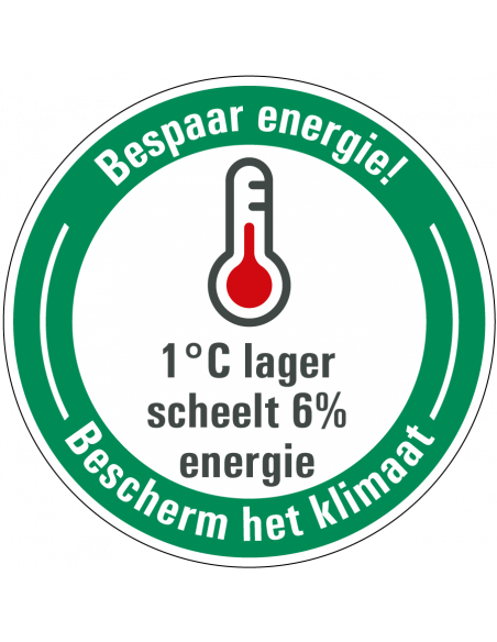 Energie besparen bord verlaag temperatuur, rond, Nederlandse tekst met thermometer pictogram