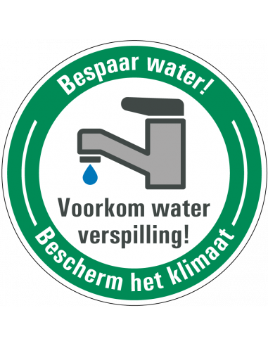Water besparen sticker voorkomwaterverspilling, rond, Nederlandse tekst met kraan pictogram