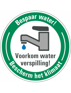 Water besparen bord voorkomwaterverspilling, rond, Nederlandse tekst met kraan pictogram