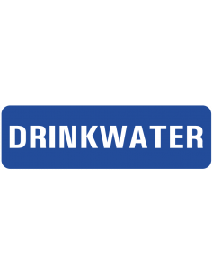Drinkwater sticker, 100 x 30 mm, blauw met witte tekst