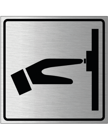 Deurbel bordje, geborsteld aluminium, grijs zwart, symbool hand drukt op bel